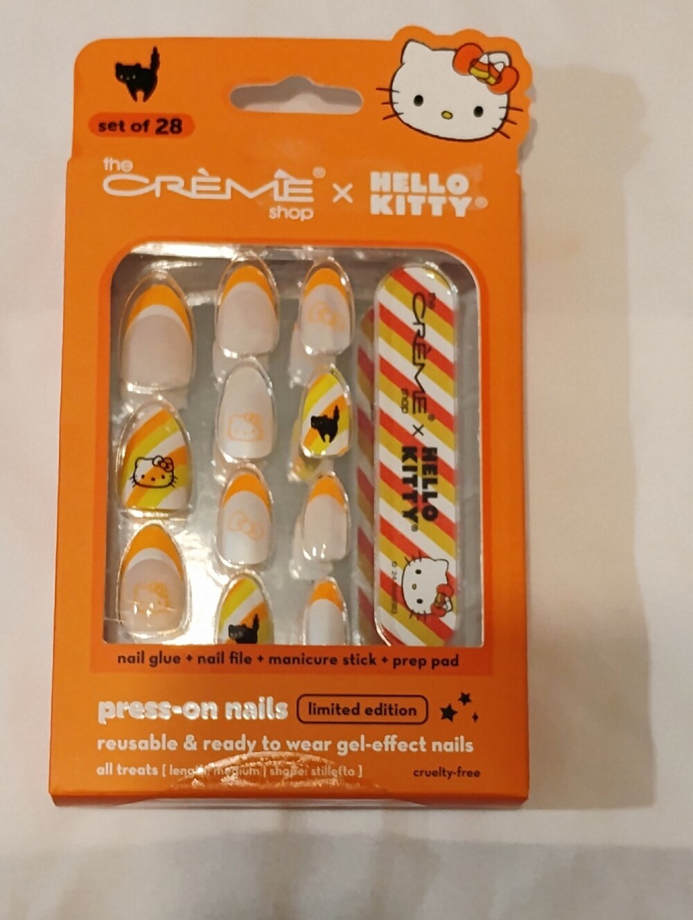 The Crème Shop x Hello Kitty Orange & White Press-On Nails Halloween Theme